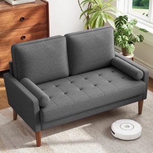 Sofa with Solid Wood Legs, 48" Small Couches for Small Spaces, Love Seat for Living Room, Bedroom, Easy Assembly  Couch with Throw Pillow for Apartment, Grey